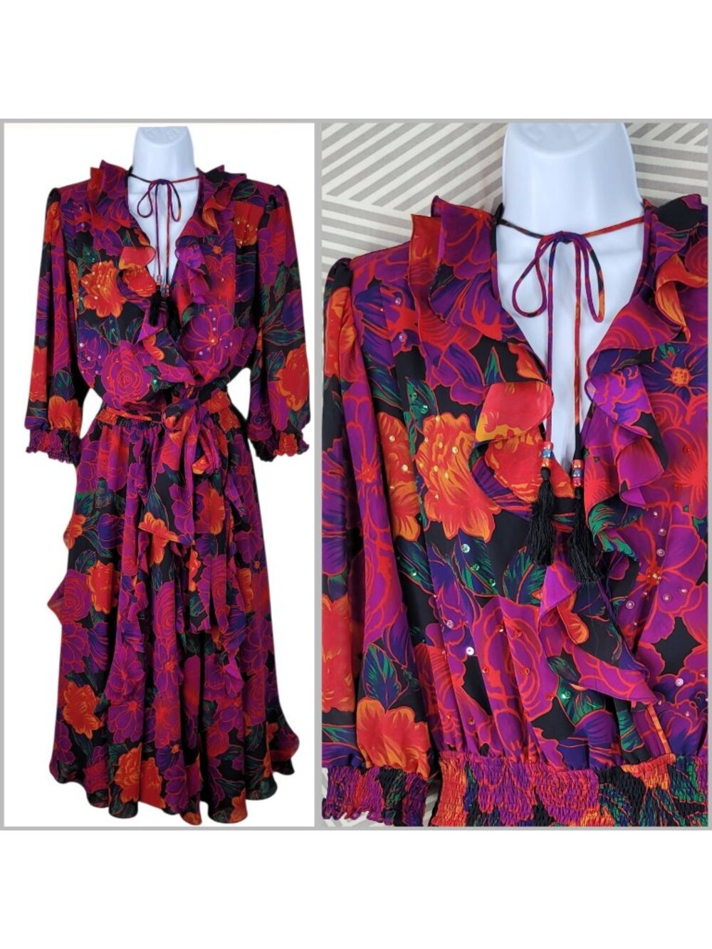 Vintage 90s Ruffle Flare Dress Large Floral Cottagecore Alt Dance Beaded Sequin